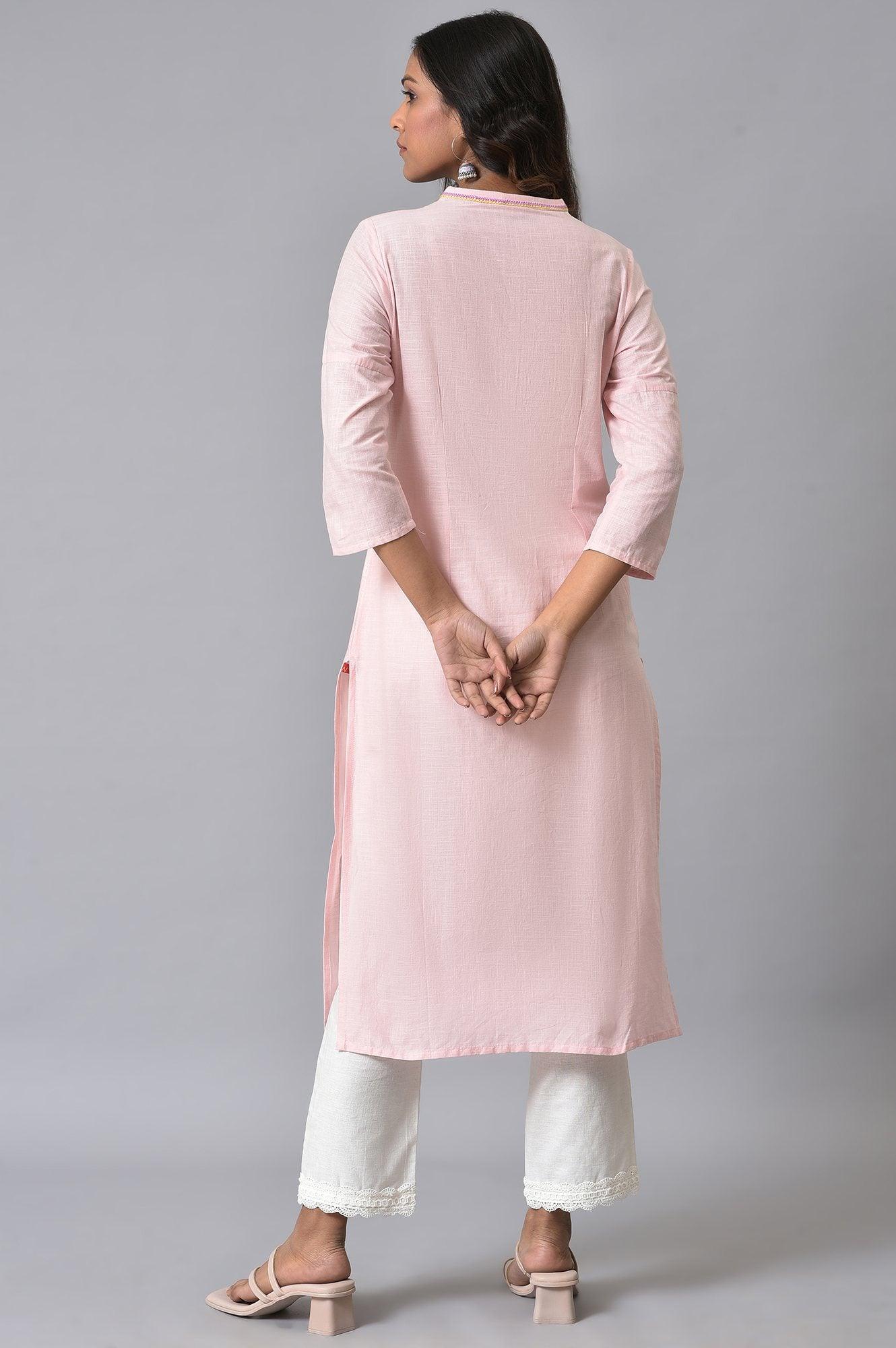 W for Woman Light Pink Embroidered Pure Cotton Kurta and Lace Pants Set for Women