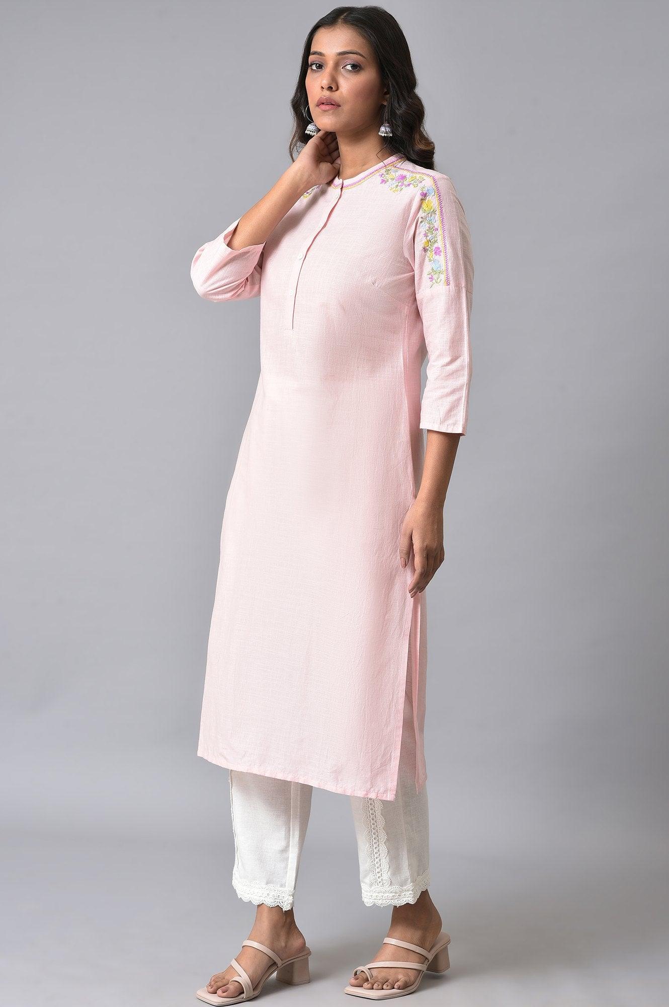 W for Woman Light Pink Embroidered Pure Cotton Kurta and Lace Pants Set for Women