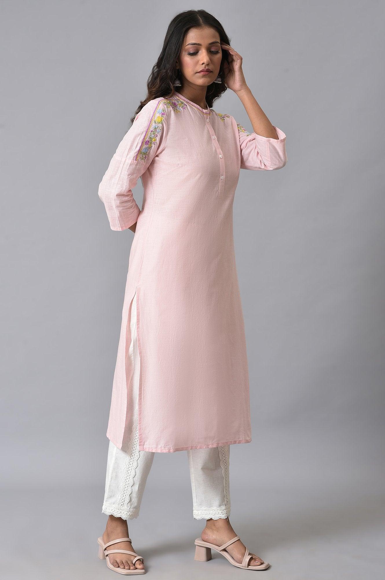 W for Woman Light Pink Embroidered Pure Cotton Kurta and Lace Pants Set for Women
