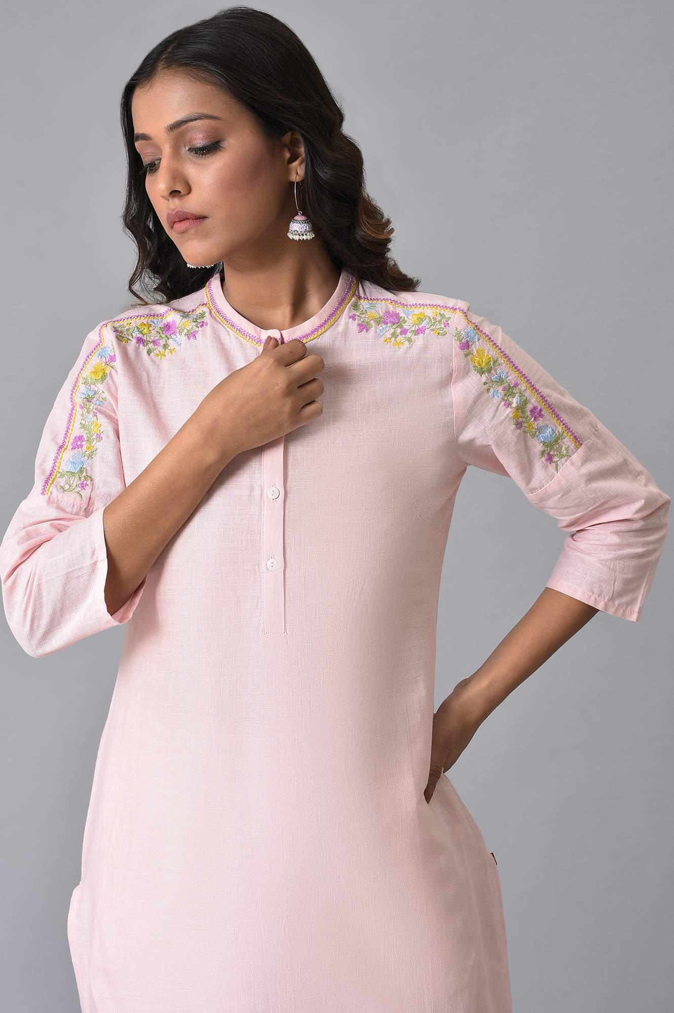 W for Woman Light Pink Embroidered Pure Cotton Kurta and Lace Pants Set for Women
