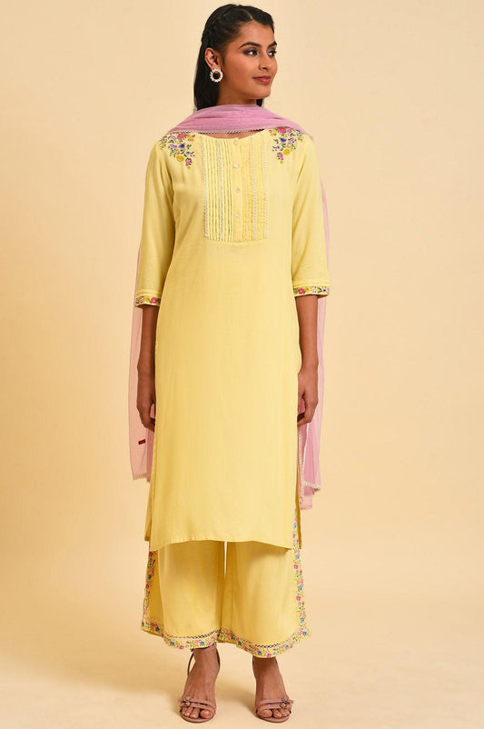 W for Woman Light Yellow Embroidered kurta Set