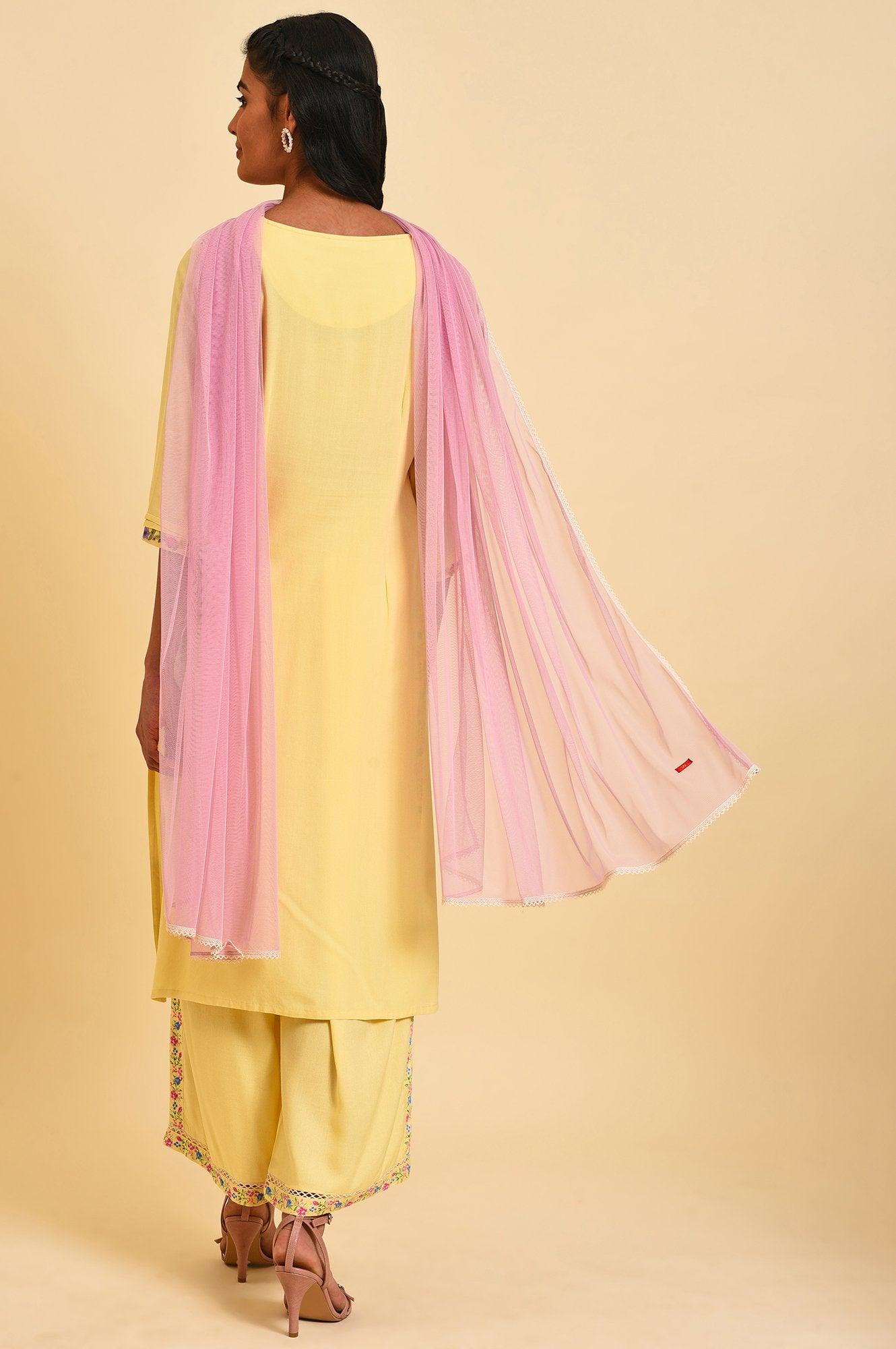 W for Woman Light Yellow Embroidered kurta Set