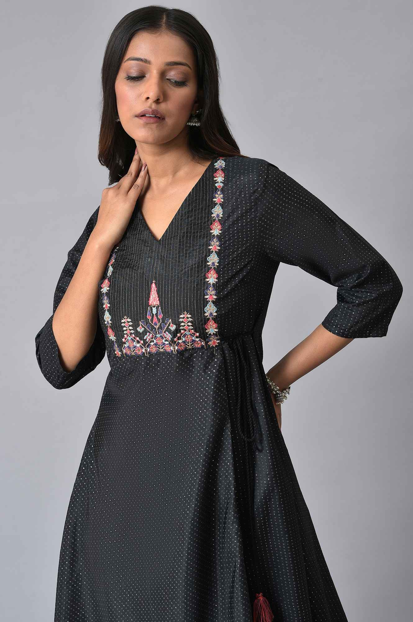 W for Woman Black Thread Embroidery A-line Kurta and Slim Pant Set