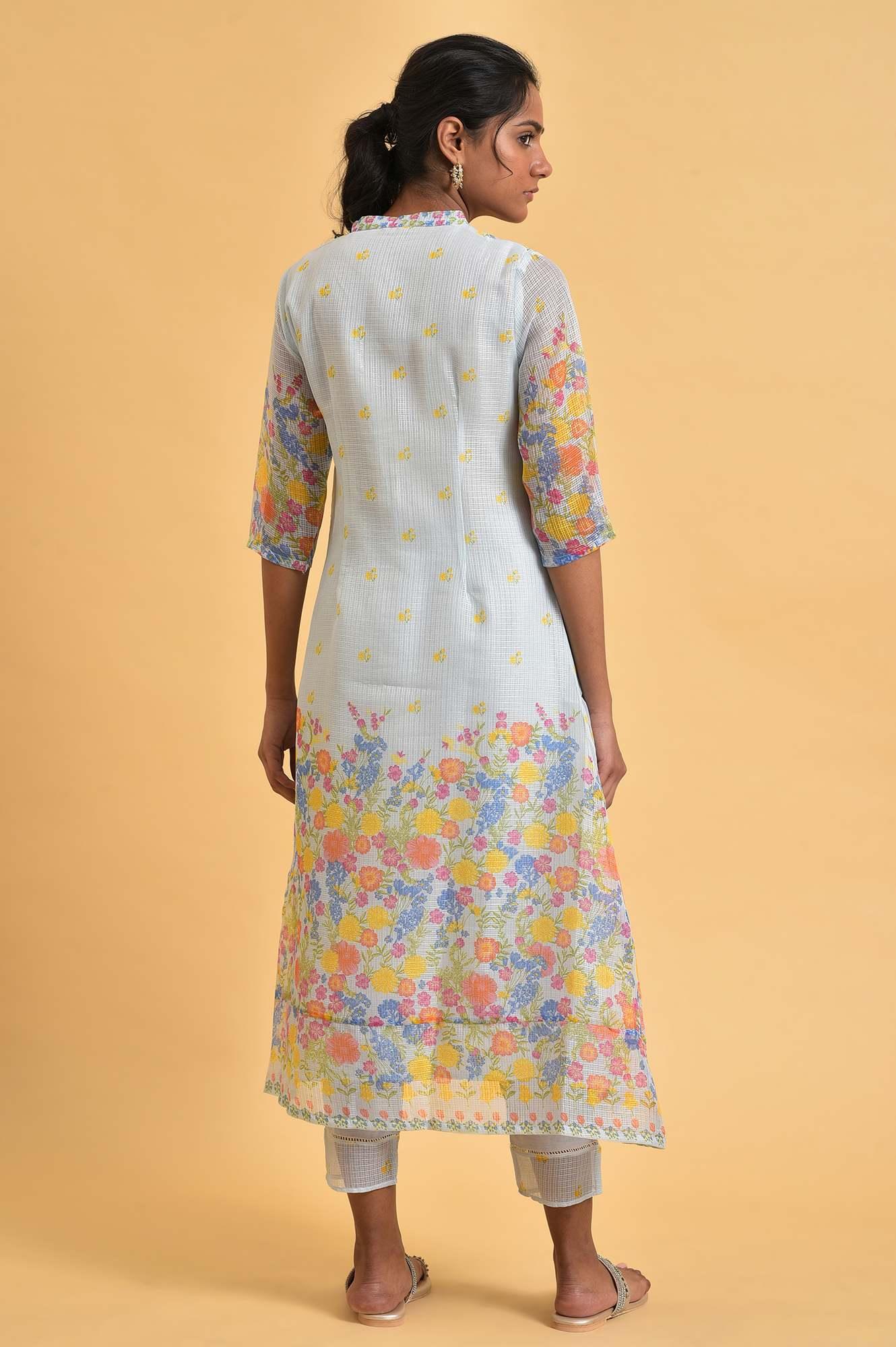 W for Woman Light Blue Printed Kota kurta Set