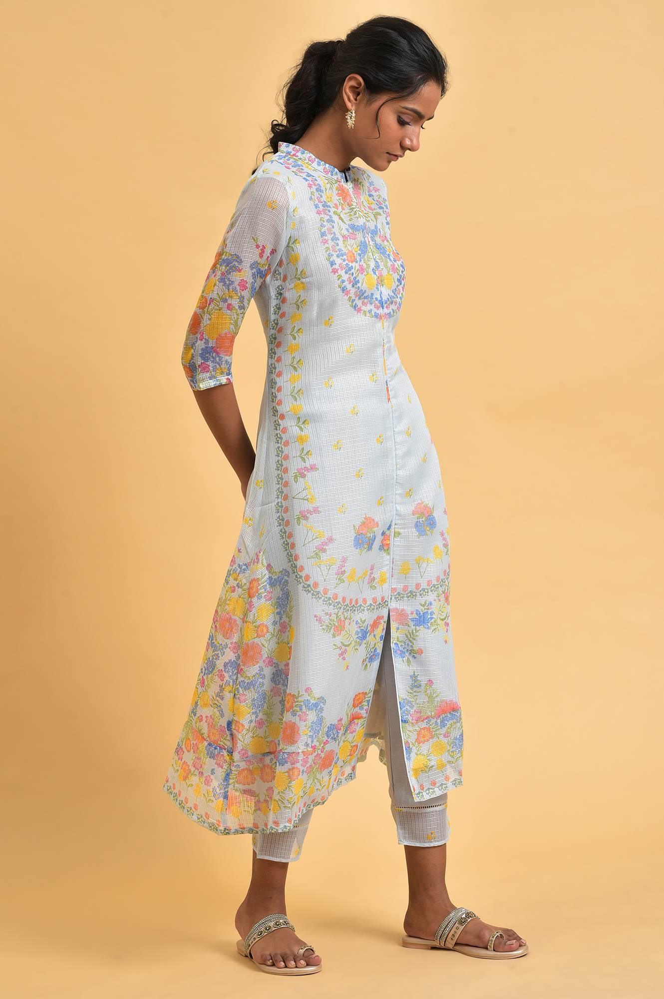 W for Woman Light Blue Printed Kota kurta Set