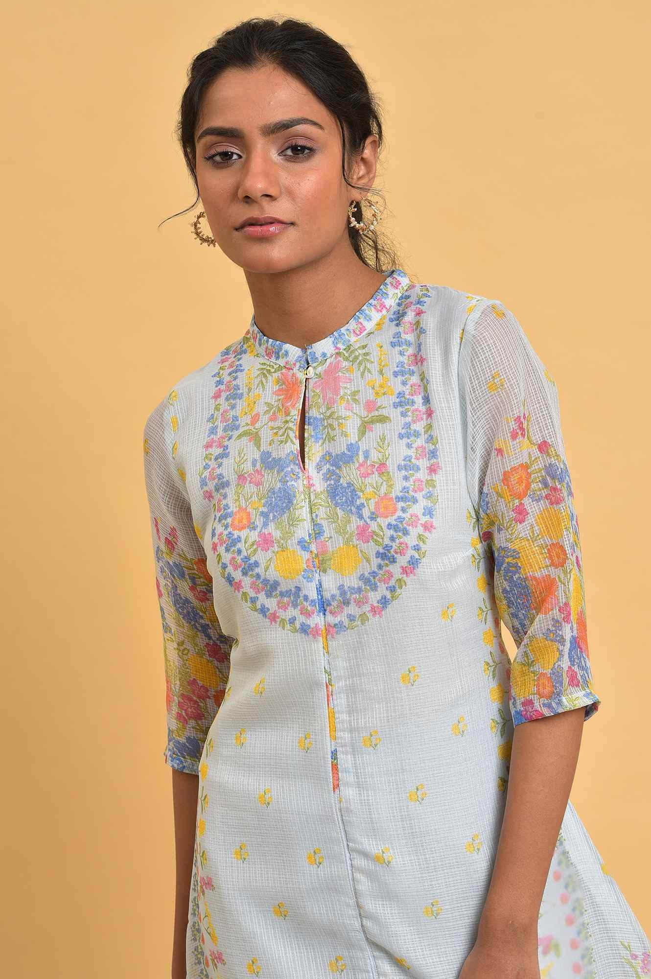 W for Woman Light Blue Printed Kota kurta Set