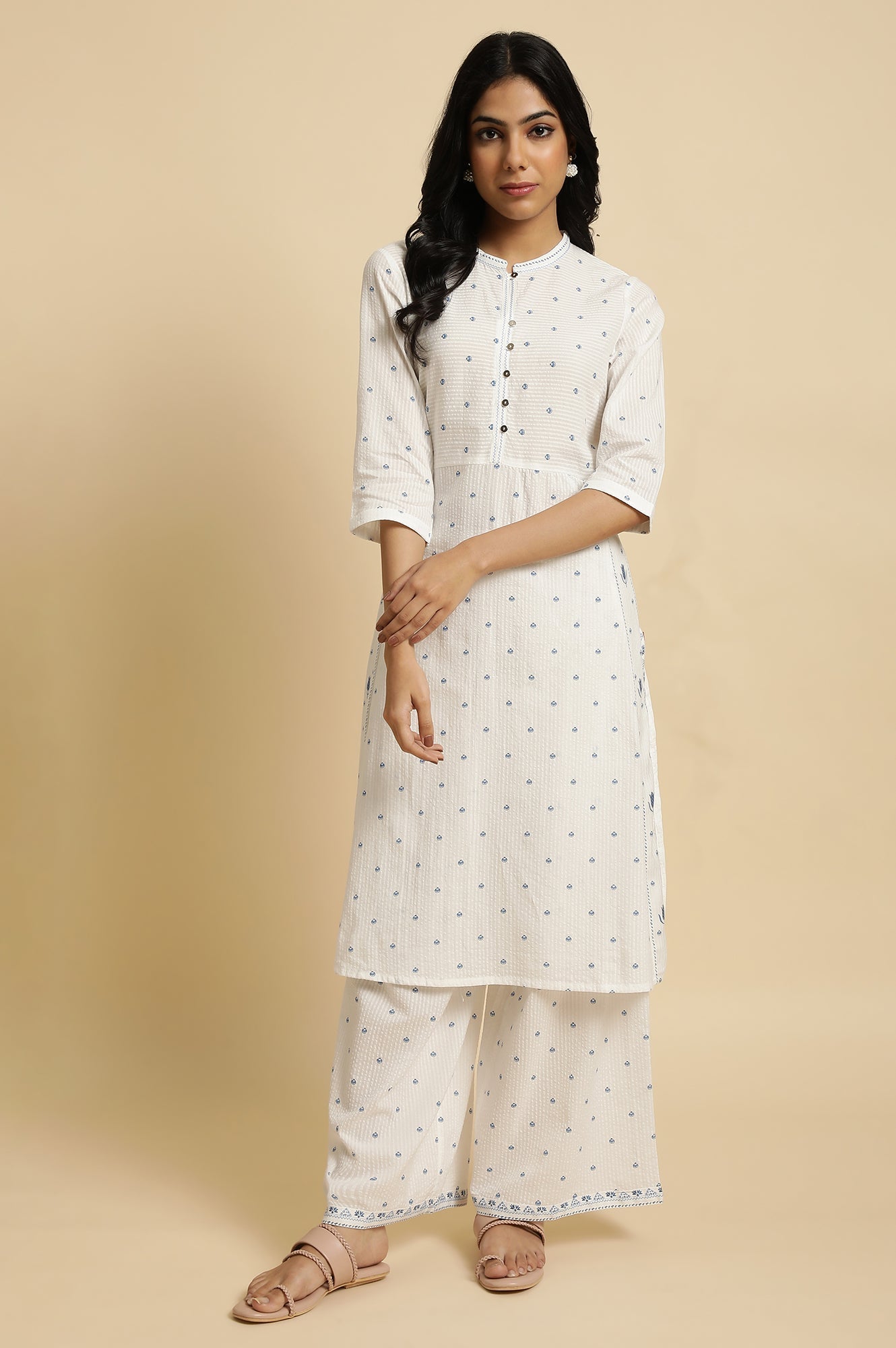 W for Woman White Printed Summer Kurta Co-Ord Set