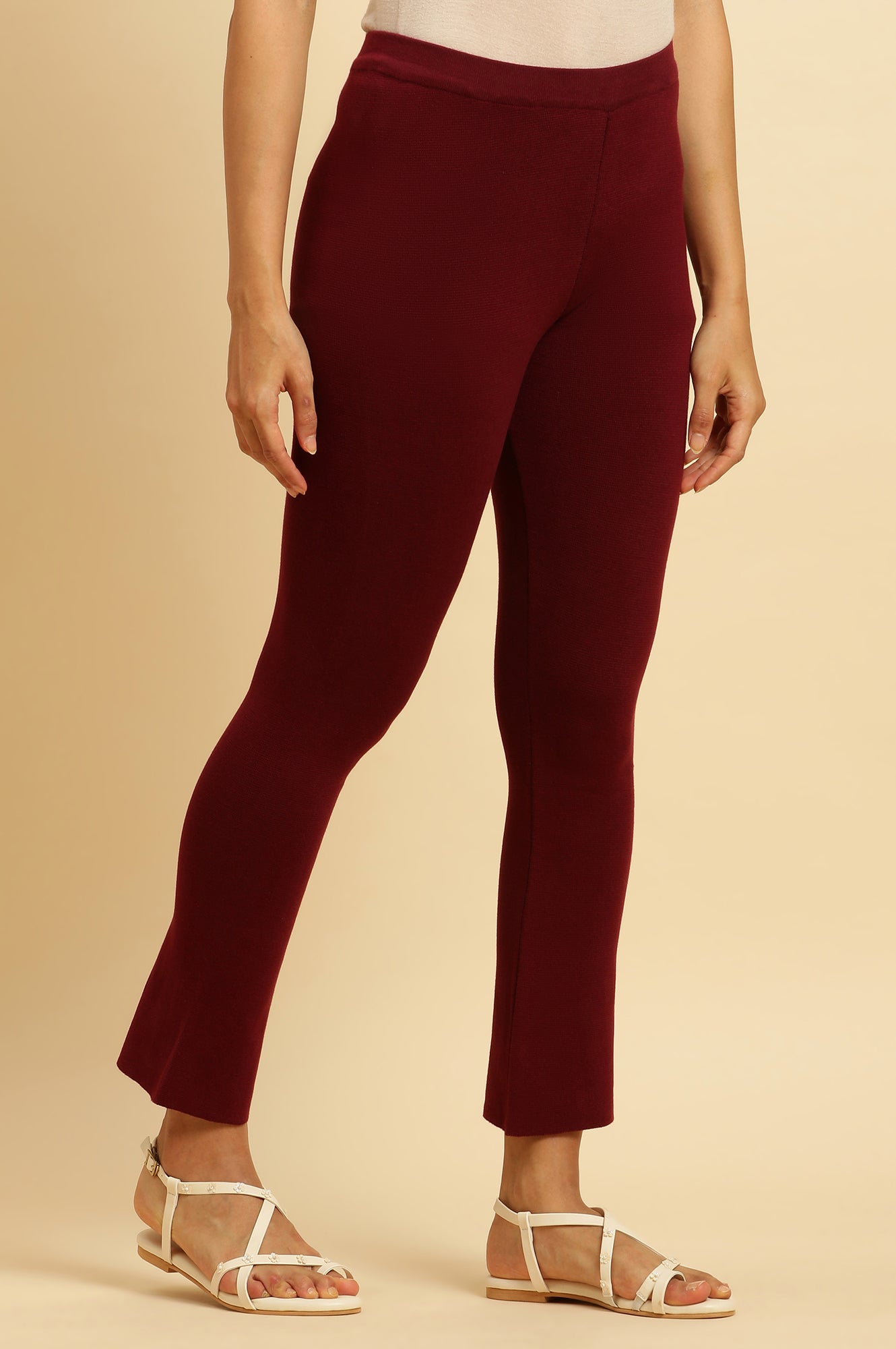 W for Woman Maroon Solid Fit And Flare Pants