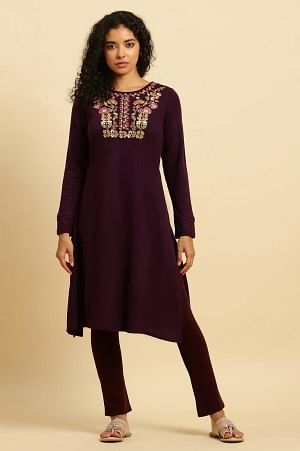 W for Woman Maroon Solid Fit And Flare Pants