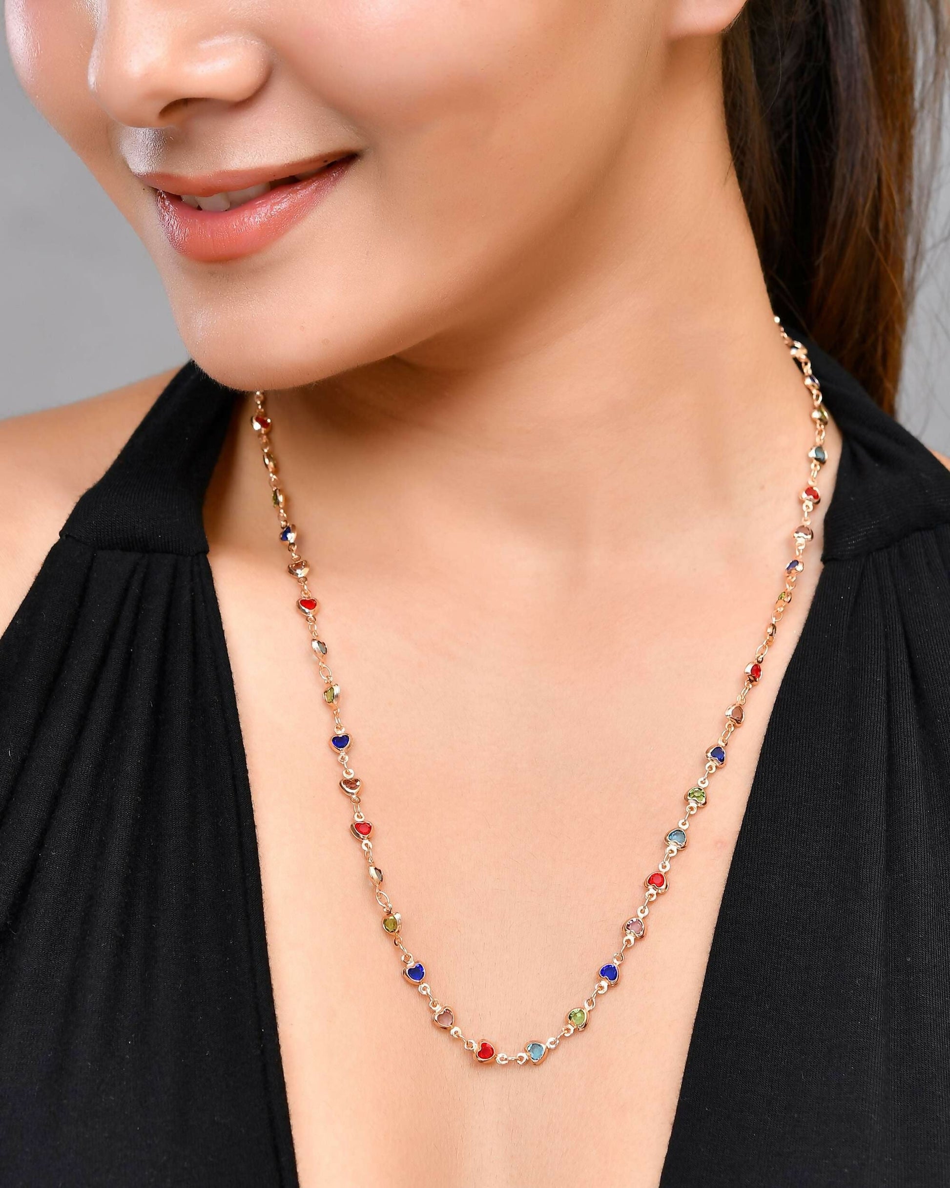 VOJ Gold-Polished Chain For Women With Multi Colour Hearts 