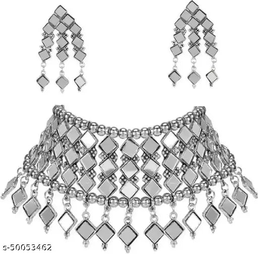 Tehzeeb Creations Women's Silver Colour Oxidised Necklace Set With Mirror Design - Swadesiicart