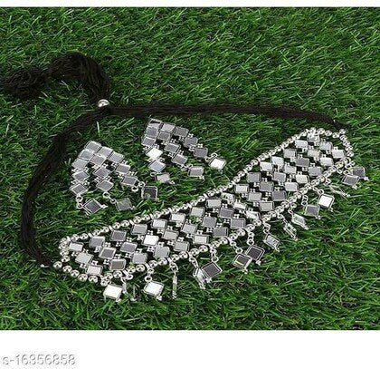 Tehzeeb Creations Women's Silver Colour Oxidised Necklace Set With Mirror Design Tehzeeb Creations