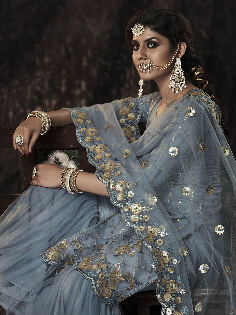 Myra Grey Net Embroidered Sharara Suit 