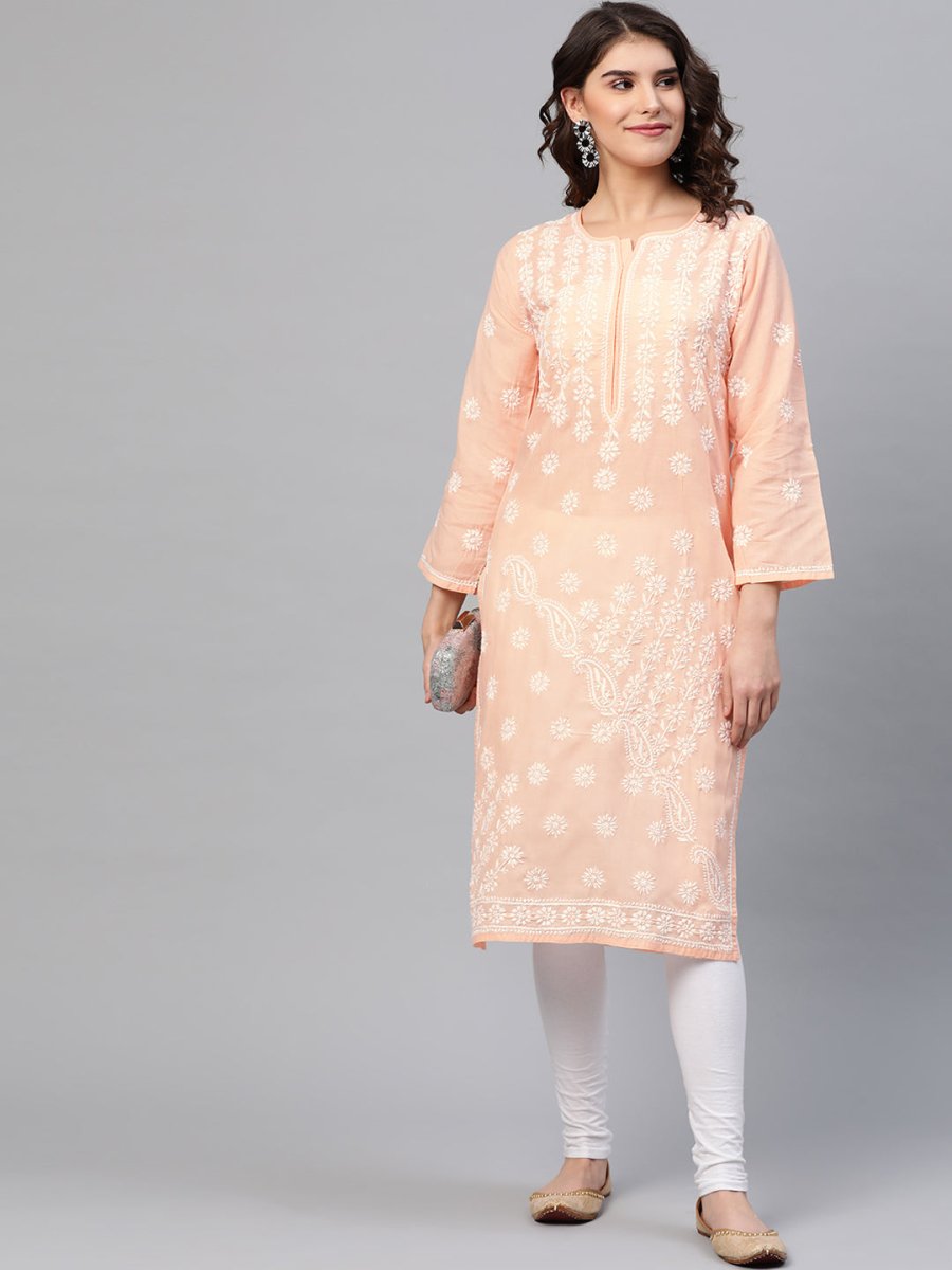 ADA Women Peach-Coloured & White Chikankari Embroidered Cotton Straight Sustainable Kurta 