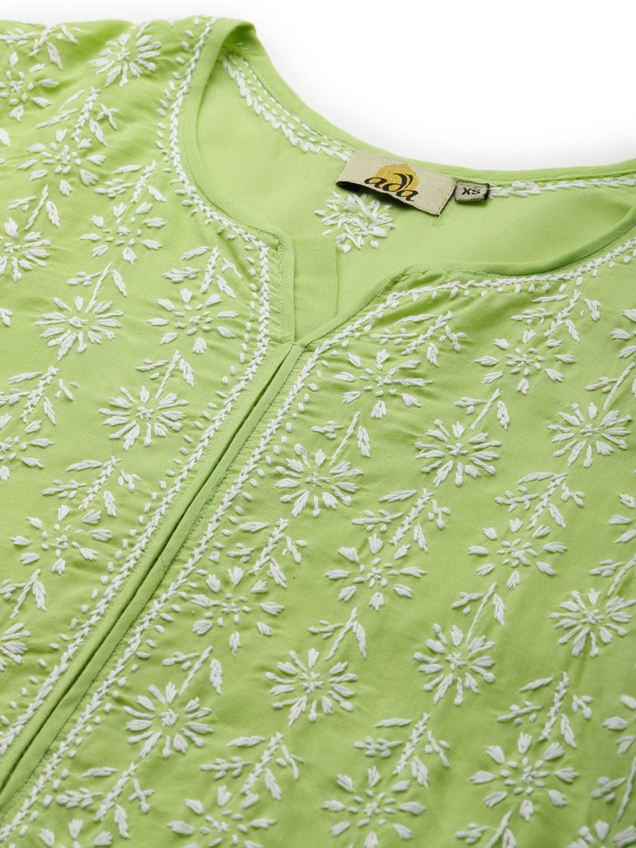 ADA Women Green & White Ethnic Motifs Chikankari Hand Embroidered Sustainable Kurta 