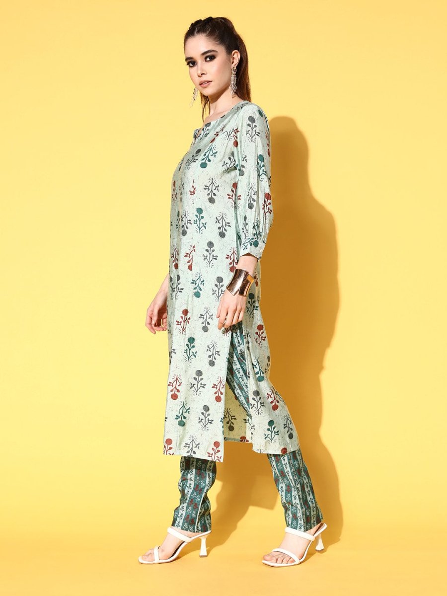 All About You Women Calm Green Ethnic Motifs Print Parade Kurta with Trousers