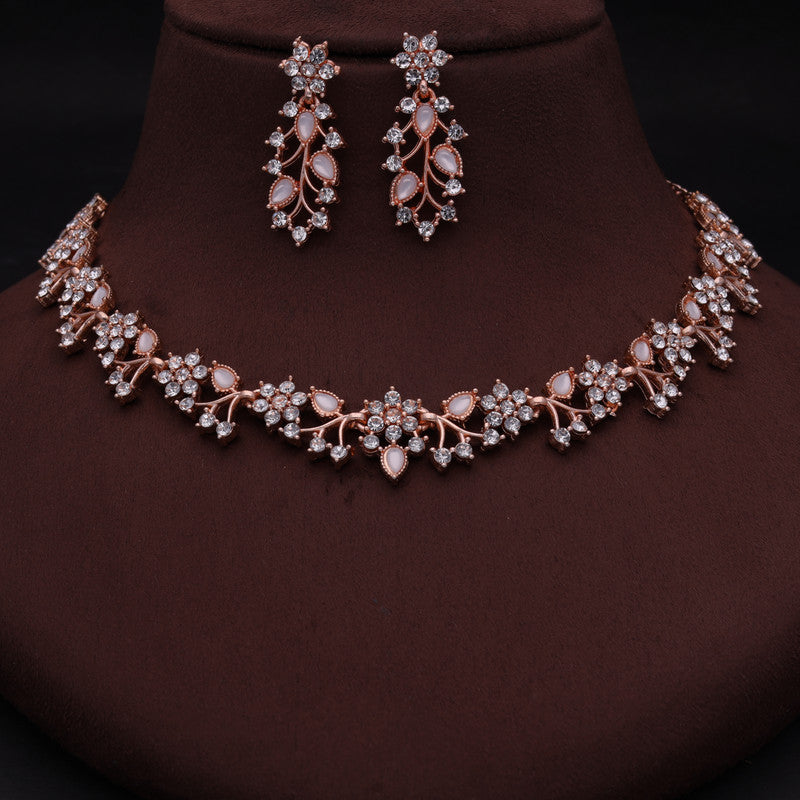 Tehzeeb Creations Rose Gold Pleated White Diamond With White Beads Necklace Set Tehzeeb Creations