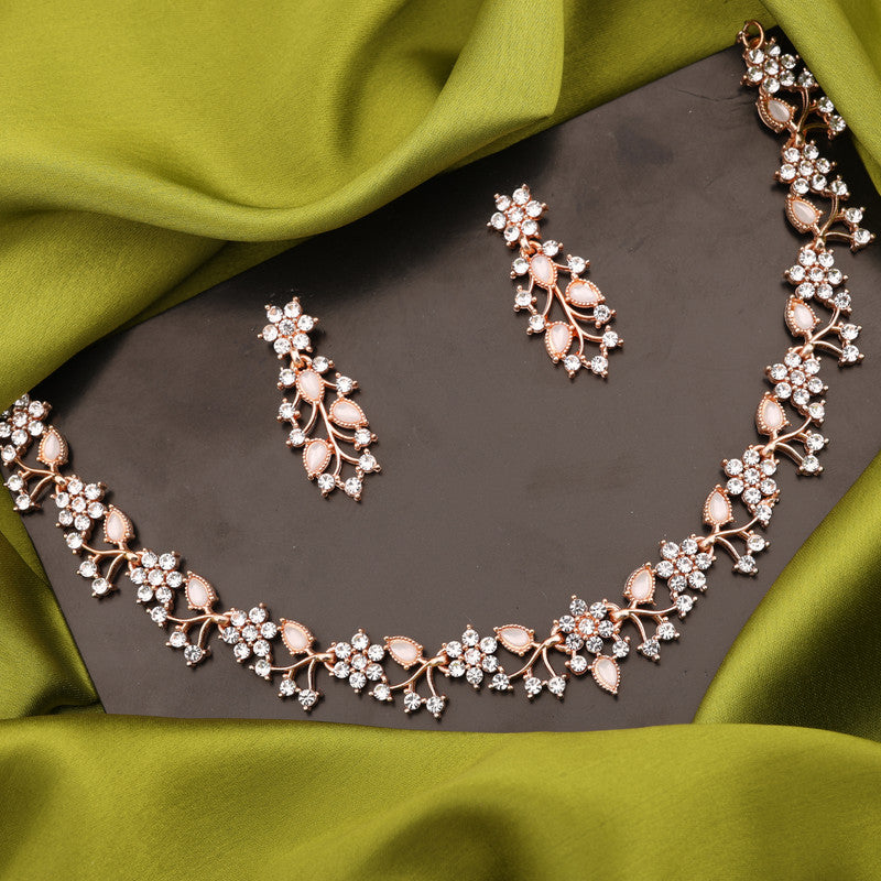 Tehzeeb Creations Rose Gold Pleated White Diamond With White Beads Necklace Set Tehzeeb Creations