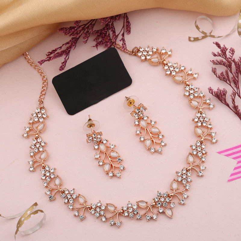 Tehzeeb Creations Rose Gold Pleated White Diamond With White Beads Necklace Set Tehzeeb Creations
