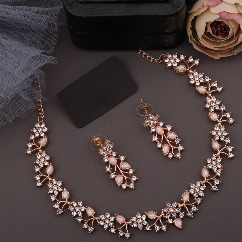 Tehzeeb Creations Rose Gold Pleated White Diamond With White Beads Necklace Set Tehzeeb Creations