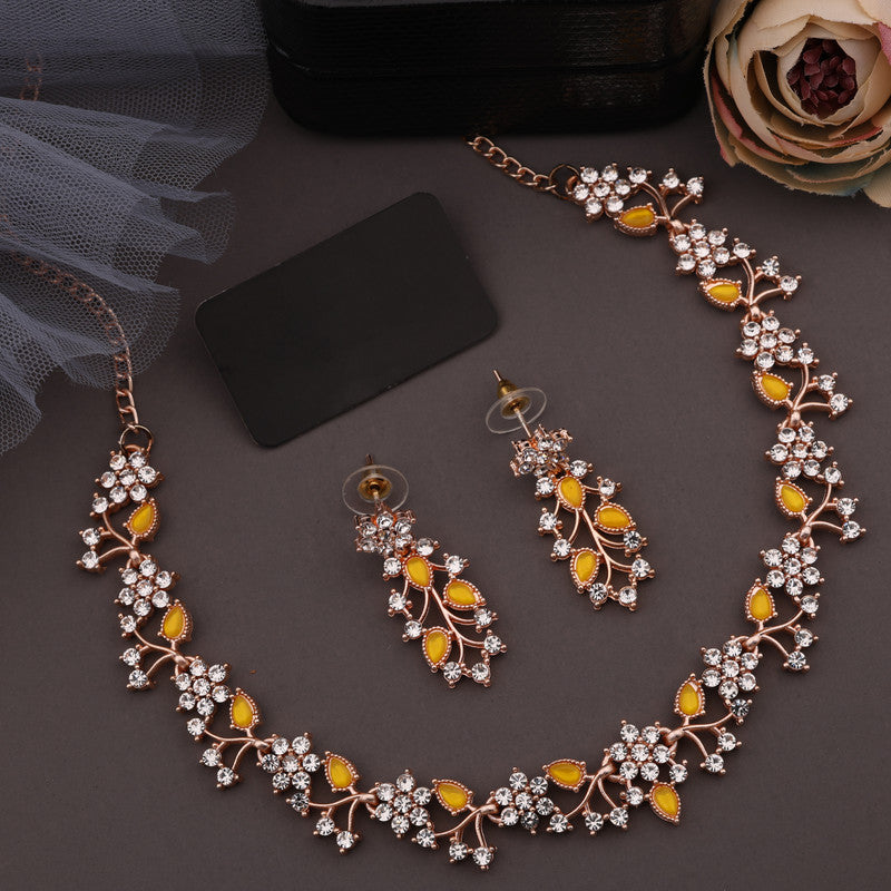 Tehzeeb Creations Rose Gold Pleated White Diamond With Yellow Beads Necklace Set Tehzeeb Creations