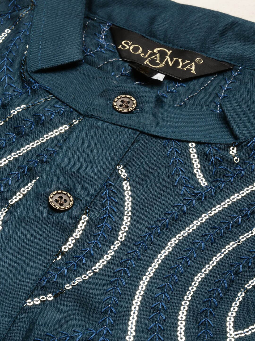 Sojanya Ethnic Motif Embroidered Band Collar Sequinned Pure Cotton Kurta 