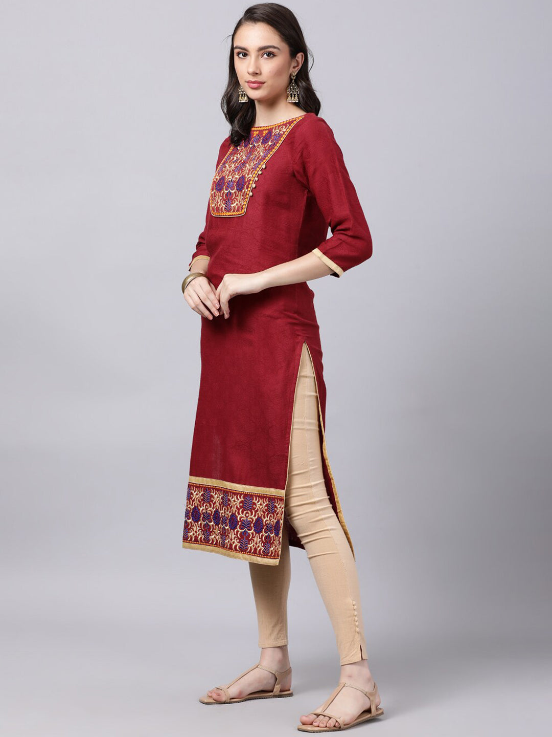 Souchii Maroon & Yellow Thread Work Grandeur & Majestic Artwork Cotton Kurta 