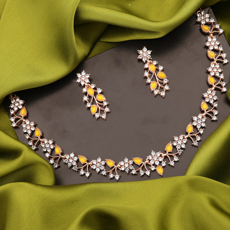 Tehzeeb Creations Rose Gold Pleated White Diamond With Yellow Beads Necklace Set Tehzeeb Creations