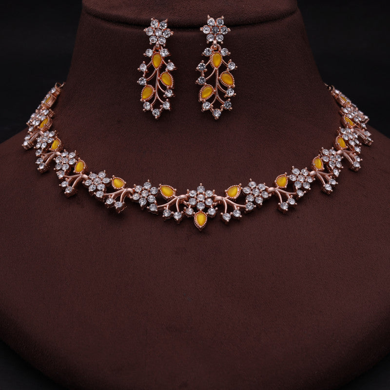 Tehzeeb Creations Rose Gold Pleated White Diamond With Yellow Beads Necklace Set Tehzeeb Creations