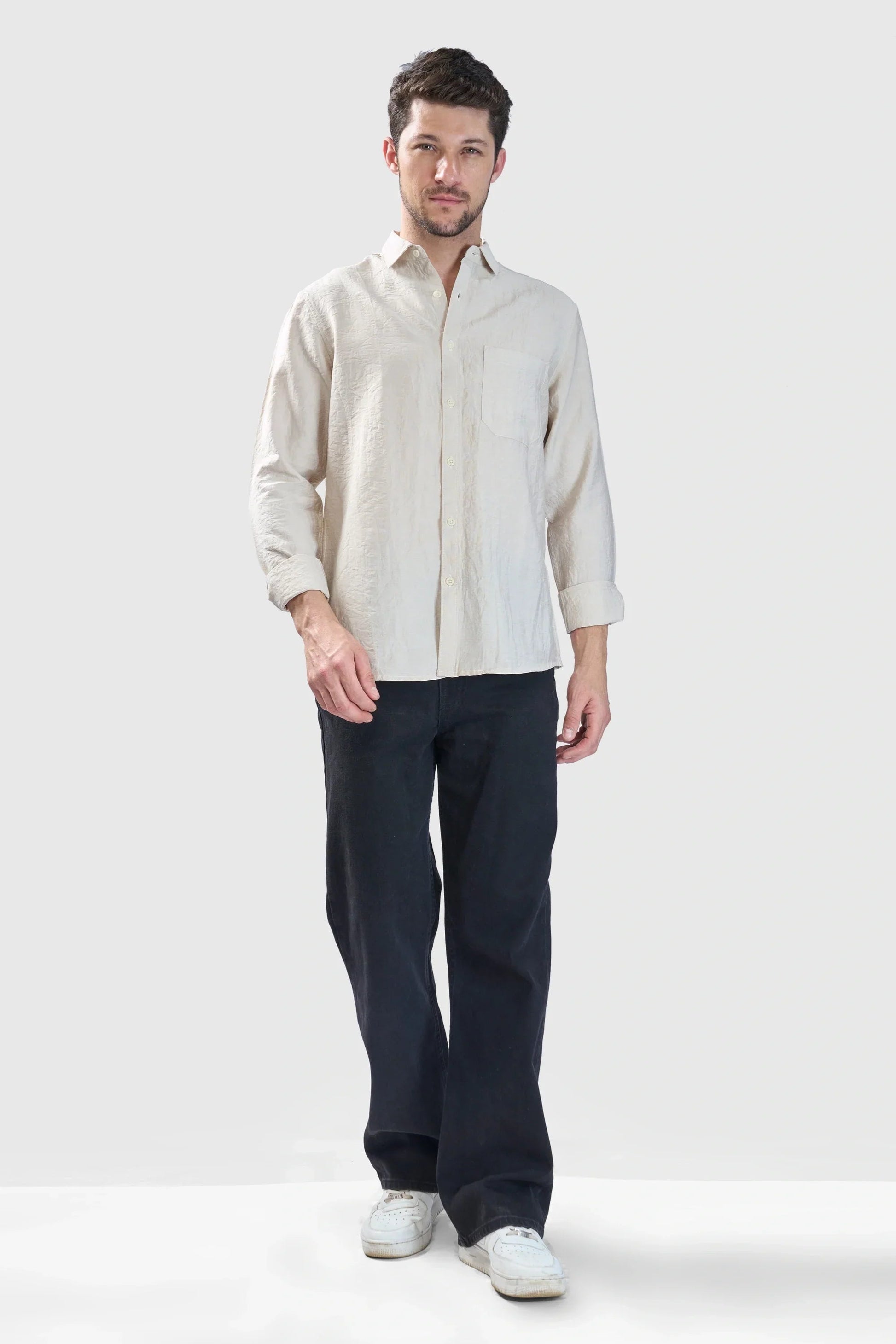 Xkind Beige Crush Wrinkled Look Regular Fit Shirt  Grab2Buy Xkind Grab2Buy