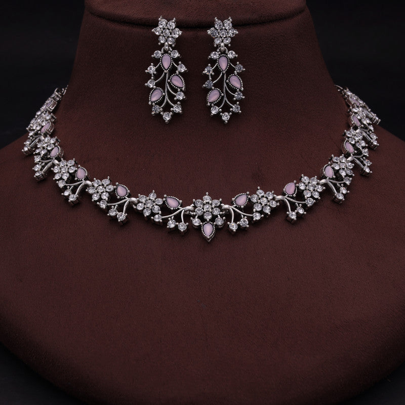 Tehzeeb Creations Silver Pleated White Diamond With Baby Pink Beads Necklace Set Tehzeeb Creations