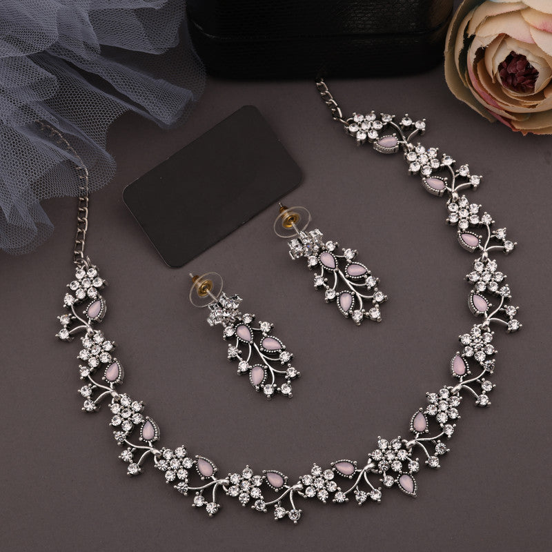 Tehzeeb Creations Silver Pleated White Diamond With Baby Pink Beads Necklace Set Tehzeeb Creations