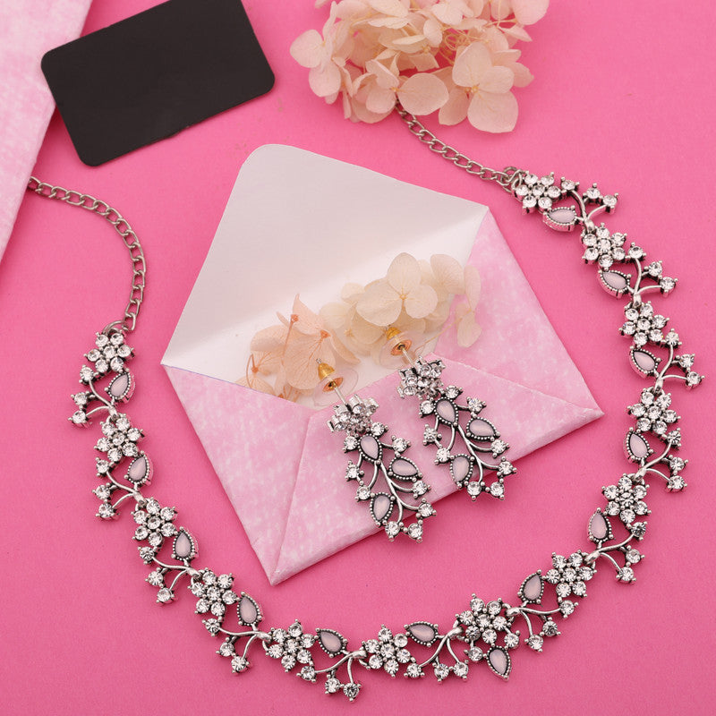 Tehzeeb Creations Silver Pleated White Diamond With Baby Pink Beads Necklace Set Tehzeeb Creations