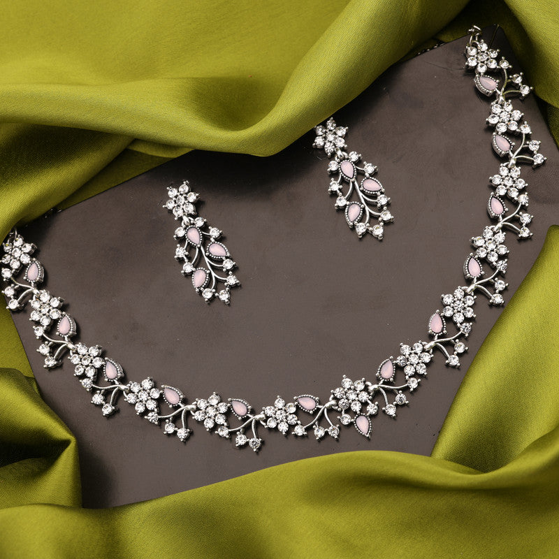 Tehzeeb Creations Silver Pleated White Diamond With Baby Pink Beads Necklace Set Tehzeeb Creations