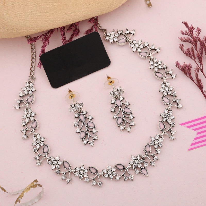 Tehzeeb Creations Silver Pleated White Diamond With Baby Pink Beads Necklace Set Tehzeeb Creations