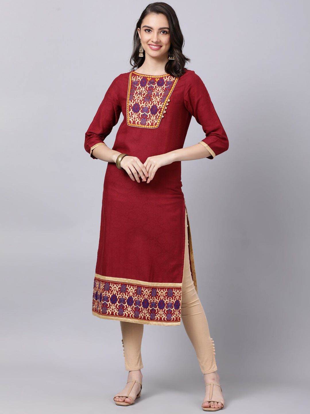Souchii Maroon & Yellow Thread Work Grandeur & Majestic Artwork Cotton Kurta 
