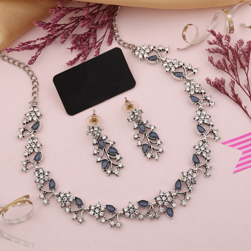 Tehzeeb Creations Silver Pleated White Diamond With Baby Blue Beads Necklace Set Tehzeeb Creations