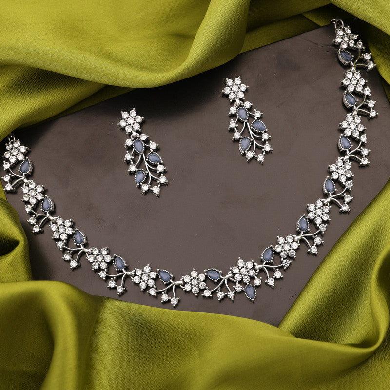 Tehzeeb Creations Silver Pleated White Diamond With Baby Blue Beads Necklace Set Tehzeeb Creations