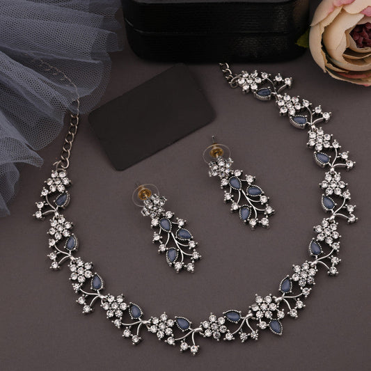 Tehzeeb Creations Silver Pleated White Diamond With Baby Blue Beads Necklace Set Tehzeeb Creations