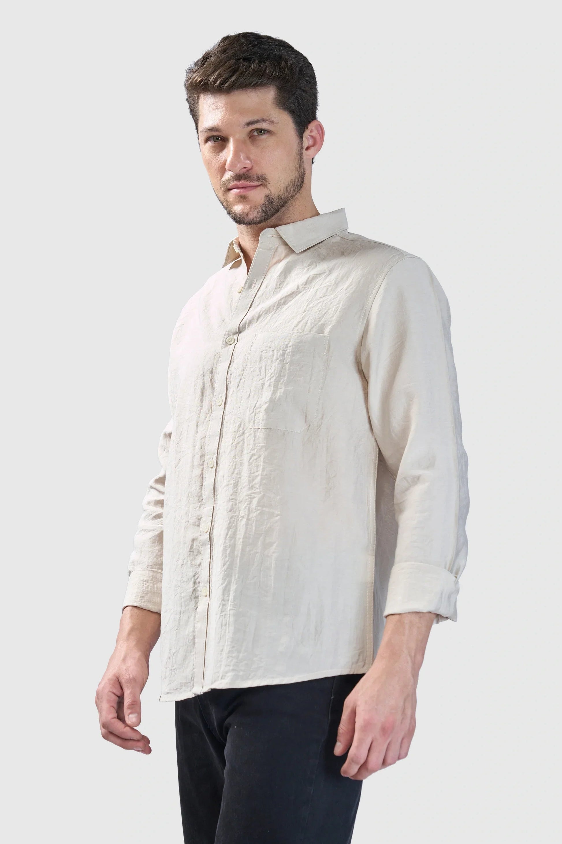 Xkind Beige Crush Wrinkled Look Regular Fit Shirt  Grab2Buy Xkind Grab2Buy