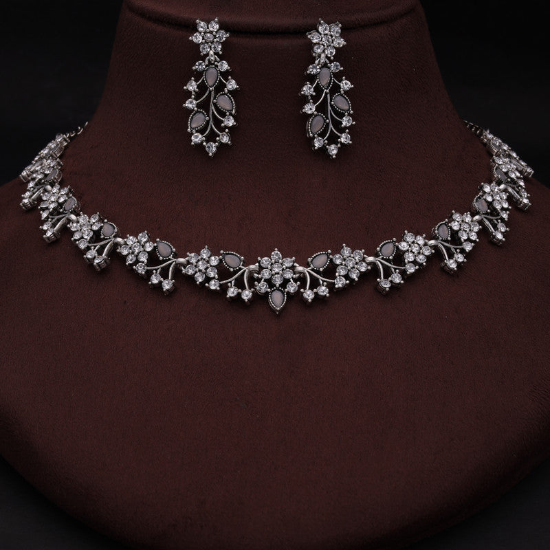 Tehzeeb Creations Silver Pleated White Diamond With Grey Beads Necklace Set Tehzeeb Creations