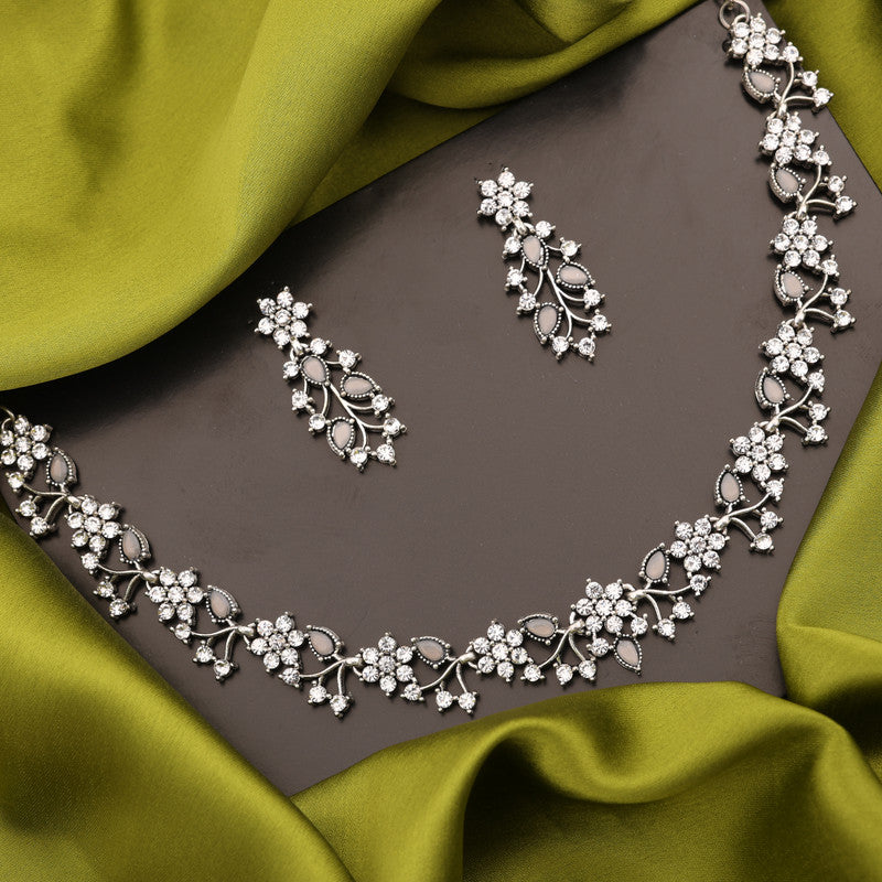 Tehzeeb Creations Silver Pleated White Diamond With Grey Beads Necklace Set Tehzeeb Creations