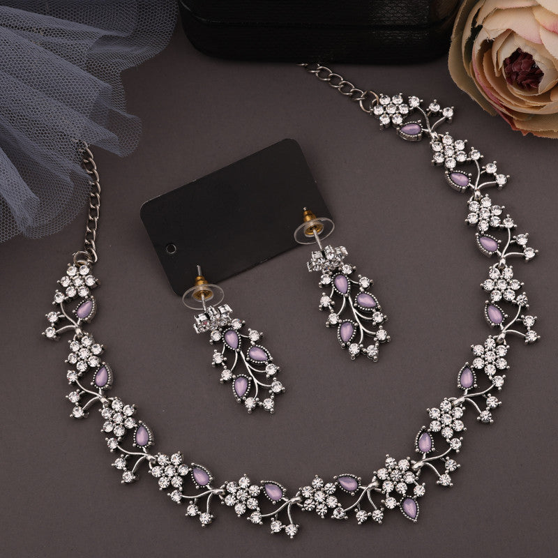Tehzeeb Creations Silver Pleated White Diamond With Lavender Beads Necklace Set Tehzeeb Creations