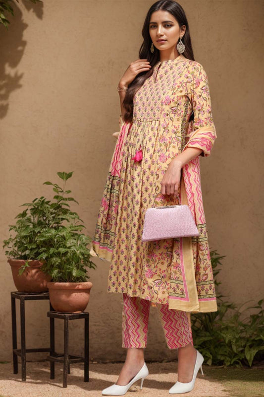 Ahika Cream Pure Cotton Printed Flared Suit Set