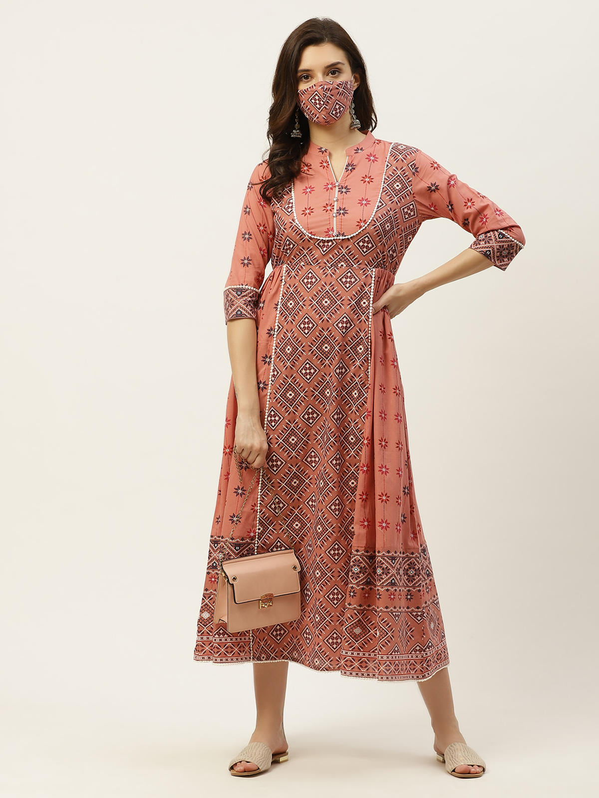 Juniper Women's Peach Geometric Printed Pure Cotton Maxi Dress With Lace Work