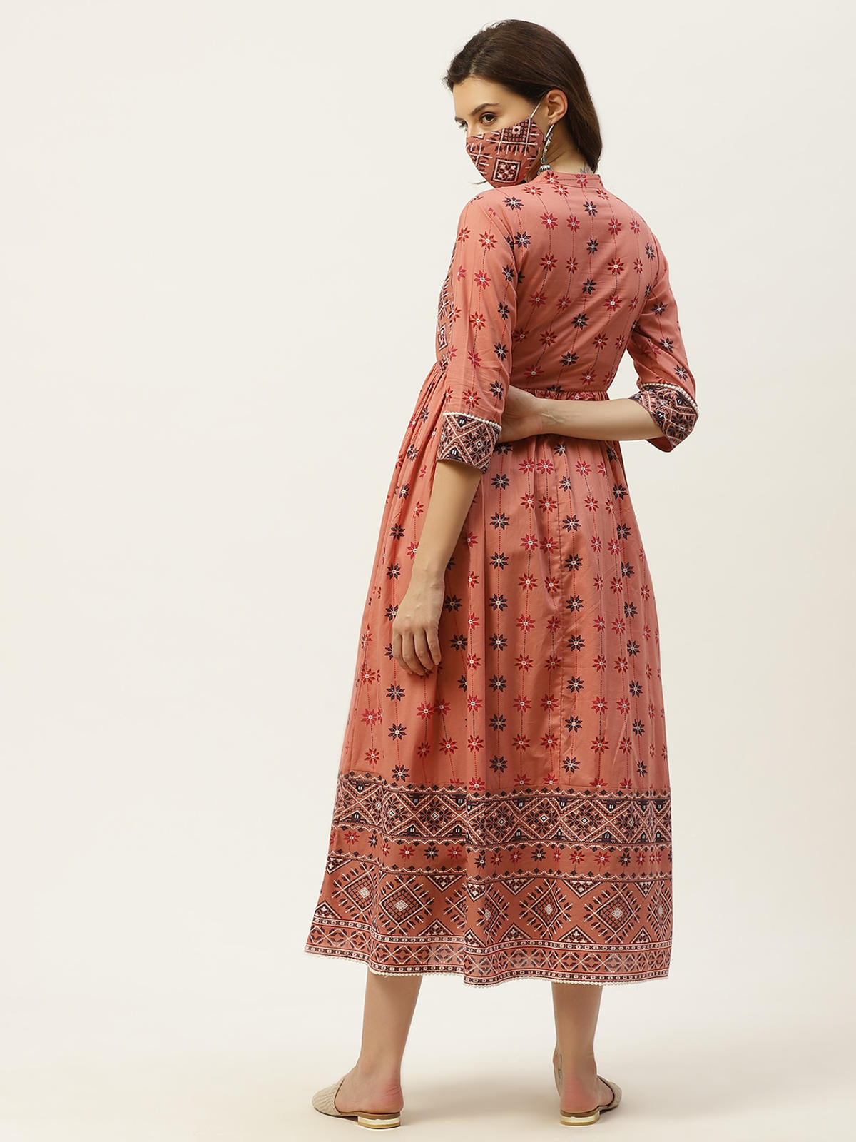 Juniper Women's Peach Geometric Printed Pure Cotton Maxi Dress With Lace Work