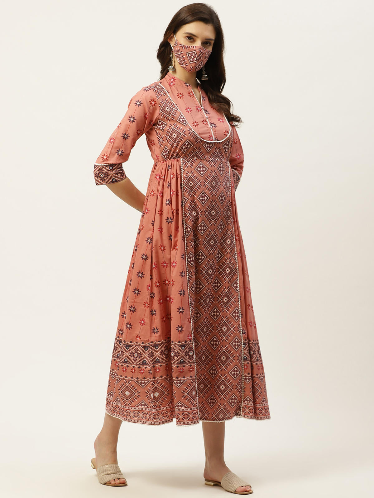 Juniper Women's Peach Geometric Printed Pure Cotton Maxi Dress With Lace Work