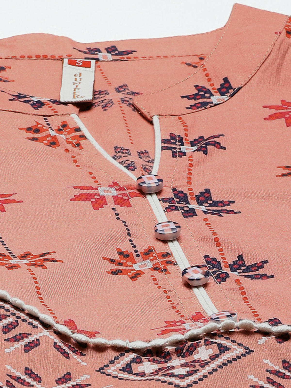 Juniper Women's Peach Geometric Printed Pure Cotton Maxi Dress With Lace Work