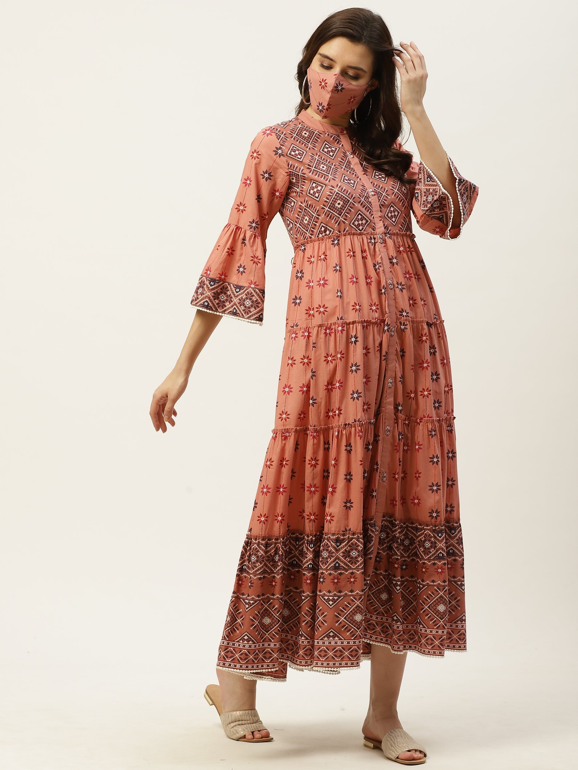 Juniper Womens Peach Cambric Printed Tiered Maxi Dress