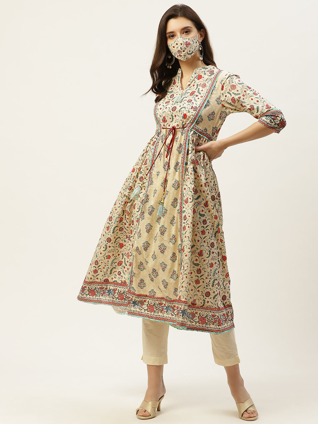 Juniper Womens Beige Cambric Printed Flared Kurta | Grab2Buy